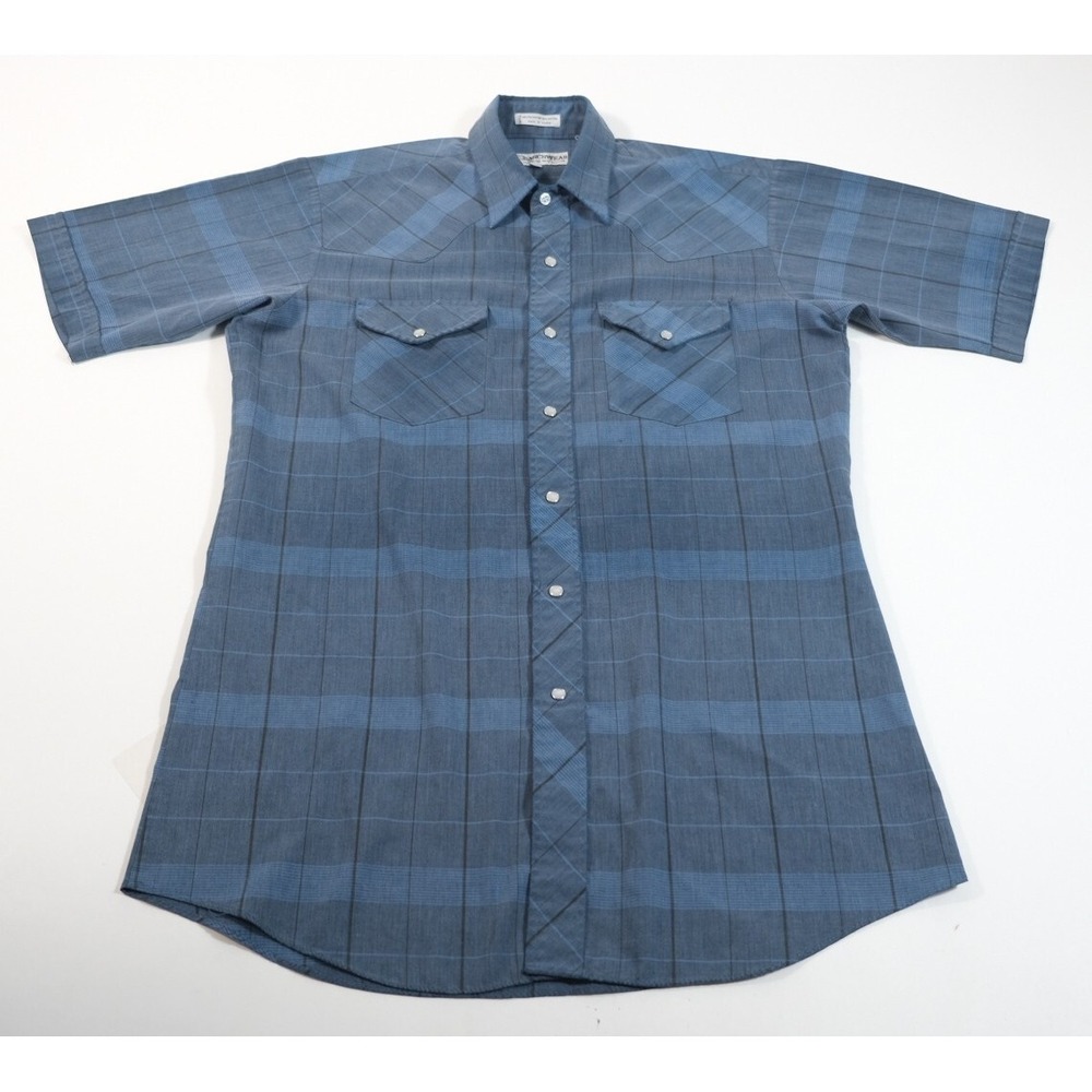 Corral West Ranchwear Shirt Mens 15 Blue Plaid Western Pearl Snap Vintage 80s SS